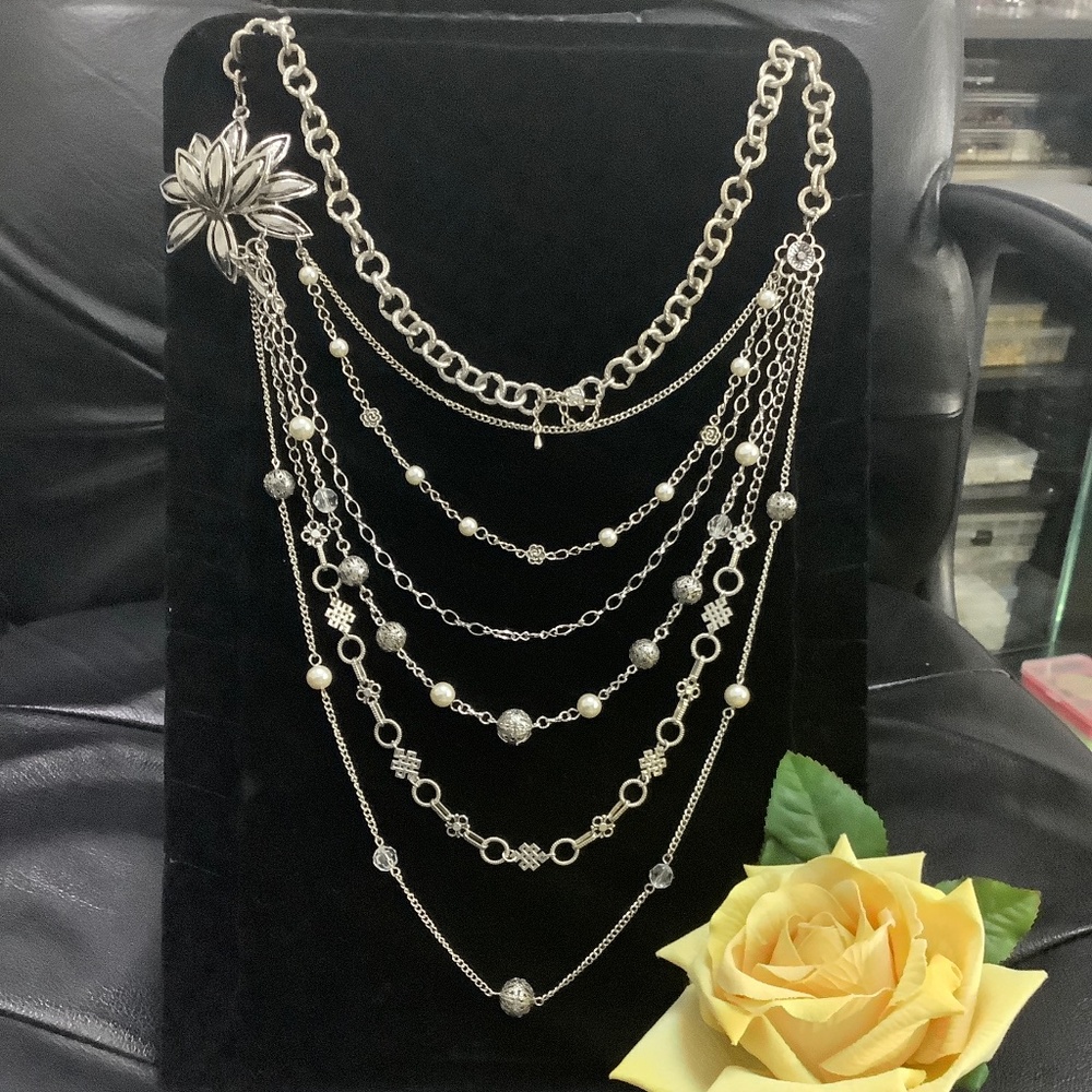 ART BY AMY LABBE Vintage Style Multi strand Silver Tone Necklace 17” long